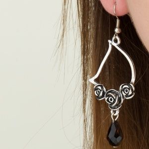 Black Rose Antiqued Silver Dangle Earrings